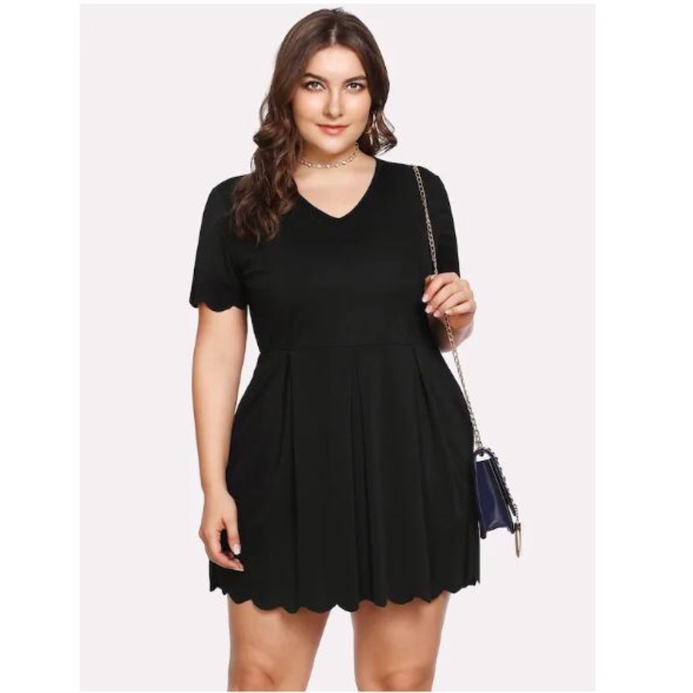 Scallop Trim Box Pleated Solid Dress